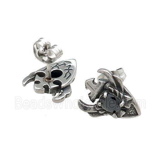 Stainless Steel Stud Earring Pave Rhinestone Shield Antique Silver