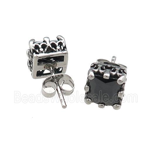 Stainless Steel Stud Earring Pave Rhinestone Antique Silver