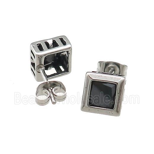Stainless Steel Stud Earring Pave Rhinestone Antique Silver