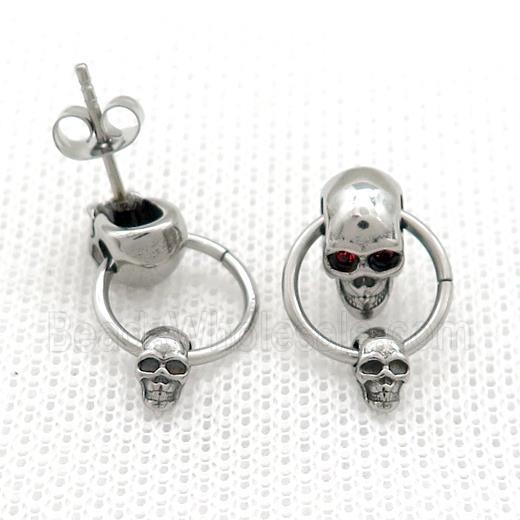 Stainless Steel Stud Earring Pave Rhinestone Skull Antique Silver