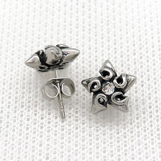 Stainless Steel Stud Earring Pave Rhinestone Star Antique Silver