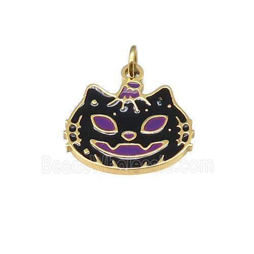 Halloween Cat Charms Stainless Steel Pendant Black Enamel Gold Plated