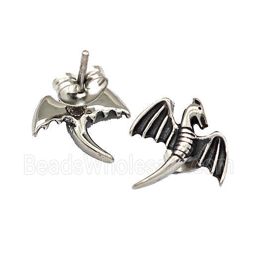Stainless Steel Stud Earrings Baby Dragon Antique Silver