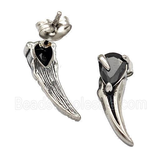 Stainless Steel Horn Stud Earrings Pave Rhinestone Antique Silver