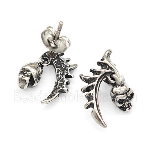 Tribal Wing Skull Charms Stainless Steel Stud Earrings Antique Silver