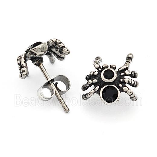 Stainless Steel Spider Stud Earrings Pave Rhinestone Antique Silver
