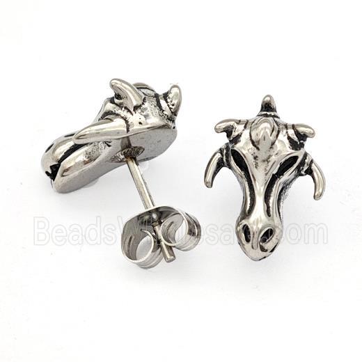 Three Horned Bucks Charms Stainless Steel Stud Earrings Antique Silver