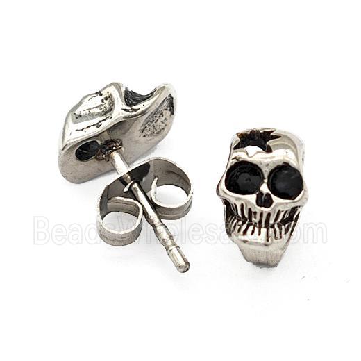 Stainless Steel Skull Stud Earrings Pave Rhinestone Antique Silver