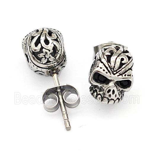 Stainless Steel Skull Stud Earrings Antique Silver