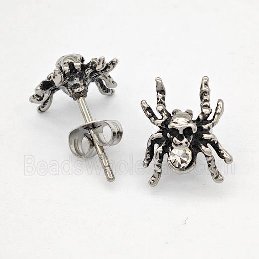 Stainless Steel Spider Stud Earrings Pave Rhinestone Antique Silver