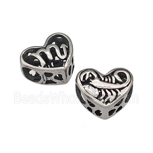 316 Stainless Steel Heart Beads Zodiac Scorpio Large Hole Hollow Antique Silver