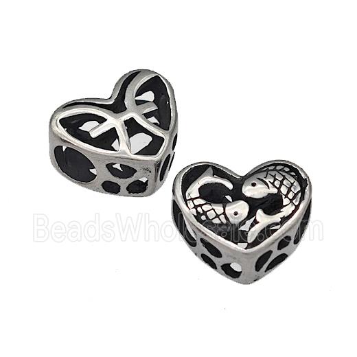 316 Stainless Steel Heart Beads Zodiac Pisces Large Hole Hollow Antique Silver