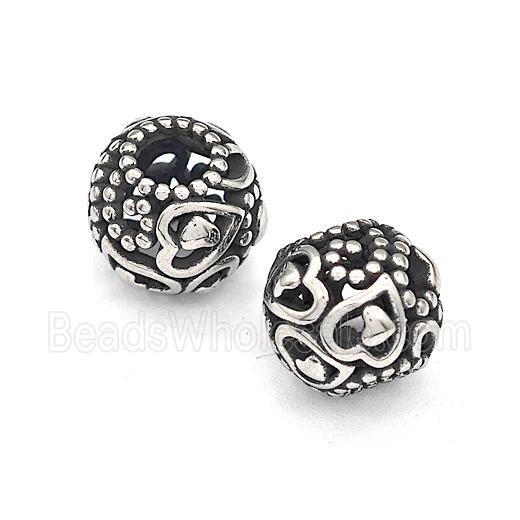 316 Stainless Steel Round Beads Heart Hollow Large Hole Antique Silver