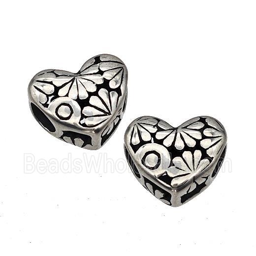 Stainless Steel Heart Beads Flower Hollow Large Hole Antique Silver