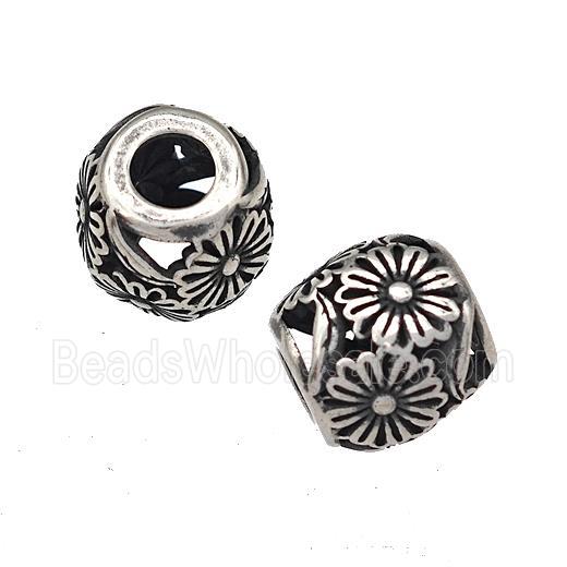 Stainless Steel Barrel Beads Hollow Flower Large Hole Antique Silver