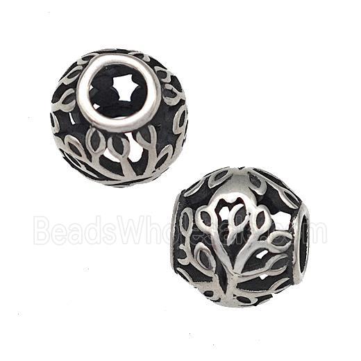 Stainless Steel Round Beads Flower Hollow Large Hole Antique Silver