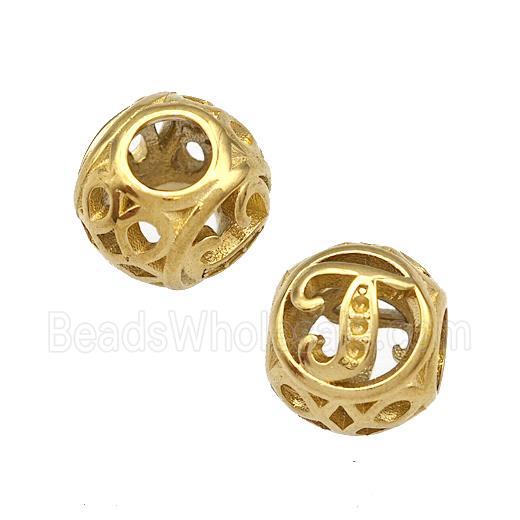 Stainless Steel Round Beads Letter-J Hollow Large Hole Gold Plated