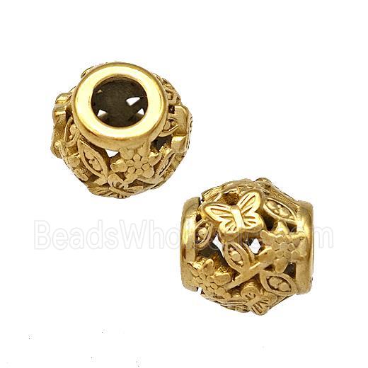 Stainless Steel Barrel Beads Butterfly Hollow Large Hole Gold Plated