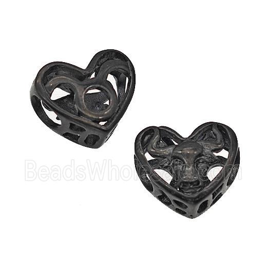 Stainless Steel Heart Beads Zodiac Taurus Large Hole Hollow Black Plated