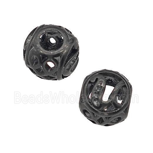 Stainless Steel Round Beads Letter-U Hollow Large Hole Black Plated