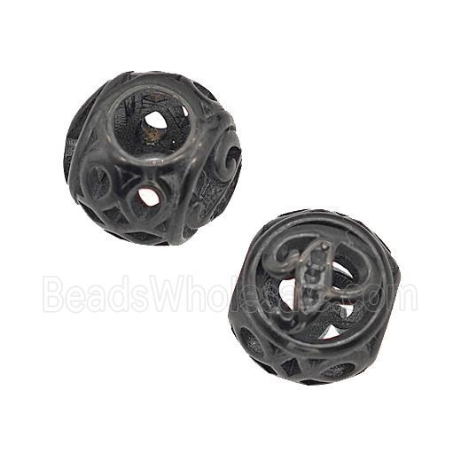 Stainless Steel Round Beads Letter-P Hollow Large Hole Black Plated