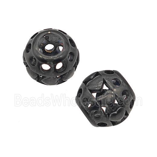 Stainless Steel Round Beads Heart Large Hole Hollow Black Plated