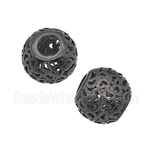 Stainless Steel Round Beads Heart Large Hole Hollow Black Plated