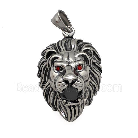 316 Stainless Steel Lion Pendant Pave Red Rhinestone Antique Silver