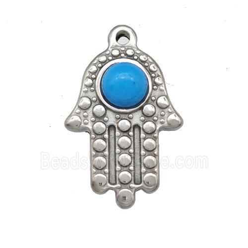 Raw Stainless Steel Hand Pendant Pave Blue Synthetic Turquoise
