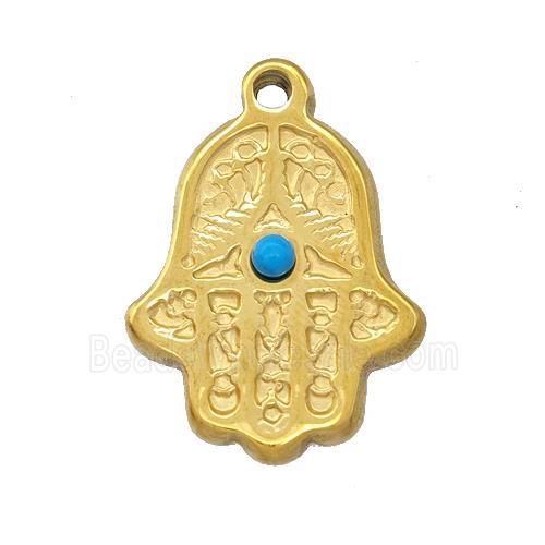 Stainless Steel Hand Pendant Pave Blue Synthetic Turquoise Gold Plated