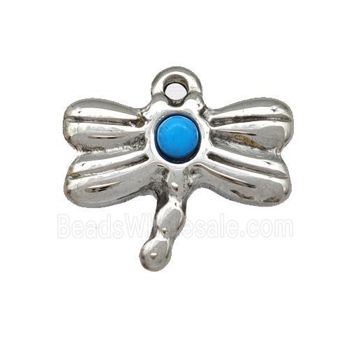 Raw Stainless Steel Dragonfly Pendant Pave Blue Synthetic Turquoise