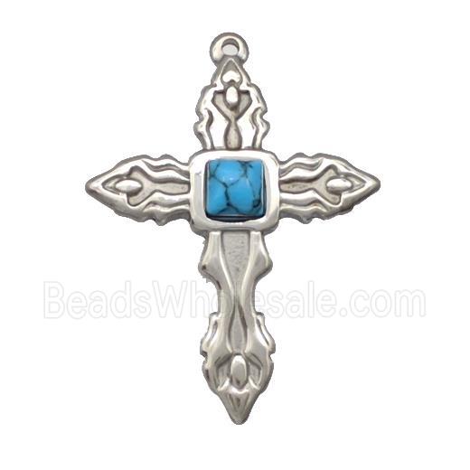 Raw Stainless Steel Cross Pendant Pave Blue Synthetic Turquoise