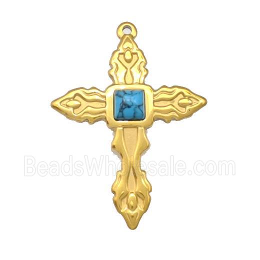 Stainless Steel Cross Pendant Pave Blue Synthetic Turquoise Gold Plated