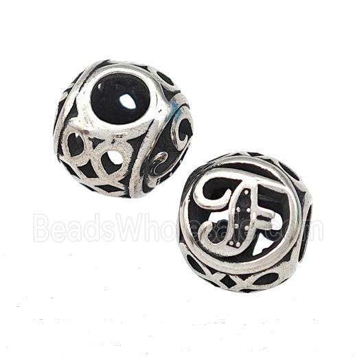 Stainless Steel Round Beads Letter-F Hollow Large Hole Antique Silver