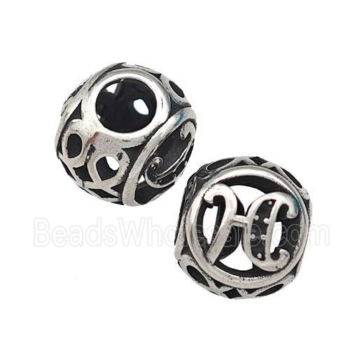 Stainless Steel Round Beads Letter-H Hollow Large Hole Antique Silver