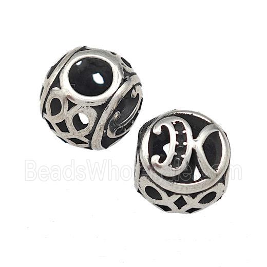 Stainless Steel Round Beads Letter-K Hollow Large Hole Antique Silver