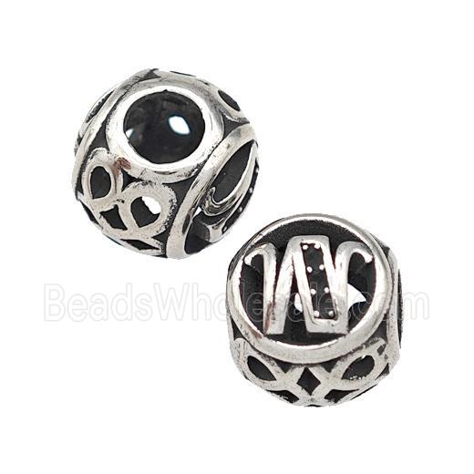 Stainless Steel Round Beads Letter-W Hollow Large Hole Antique Silver