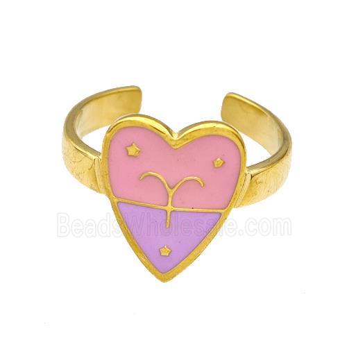 Stainless Steel Heart Rings Zodiac Aries Pink Enamel Gold Plated