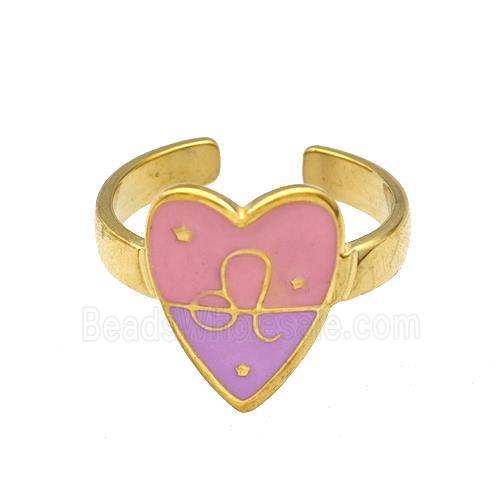 Stainless Steel Heart Rings Zodiac Leo Pink Enamel Gold Plated