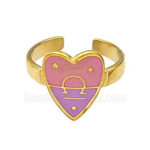 Stainless Steel Heart Rings Zodiac Libra Pink Enamel Gold Plated