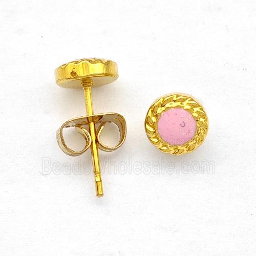 Stainless Steel Stud Earring Pave Pink Fire Opal Gold Plated