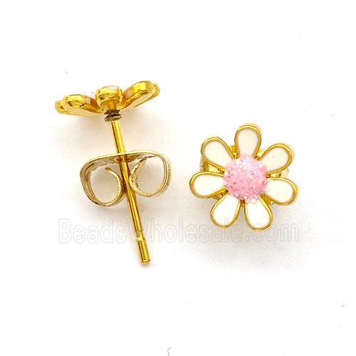 Stainless Steel Daisy Flower Stud Earring Pave Fire Opal White Enamel Gold Plated