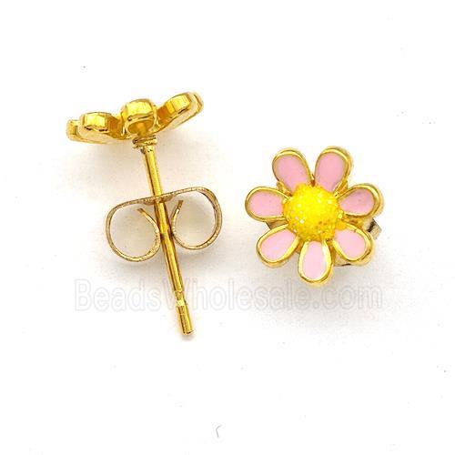 Stainless Steel Daisy Flower Stud Earring Pave Fire Opal Pink Enamel Gold Plated