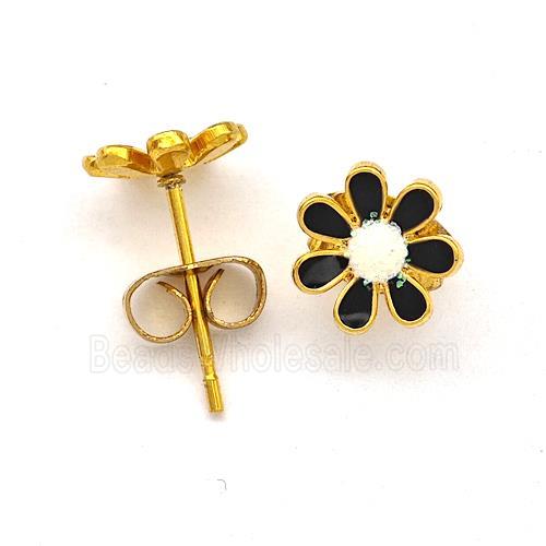 Stainless Steel Daisy Flower Stud Earring Pave Fire Opal Black Enamel Gold Plated