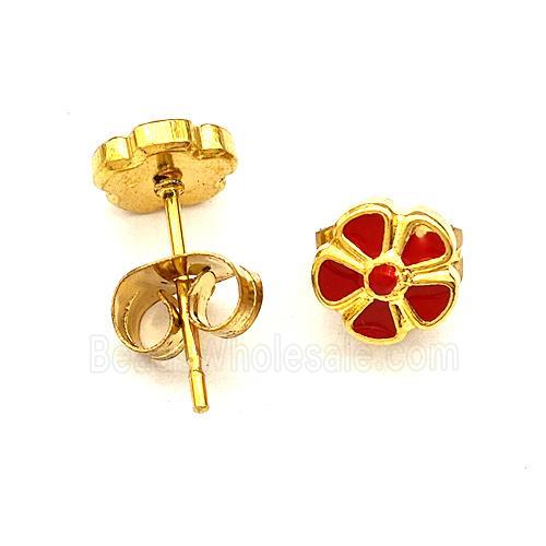 Stainless Steel Flower Stud Earring Red Enamel Gold Plated