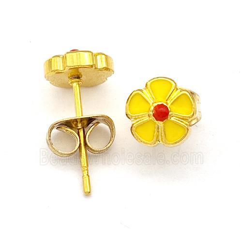 Stainless Steel Flower Stud Earring Yellow Enamel Gold Plated