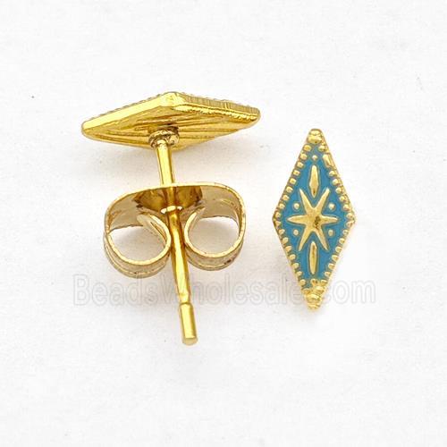 Stainless Steel Compass Stud Earring Green Enamel Gold Plated