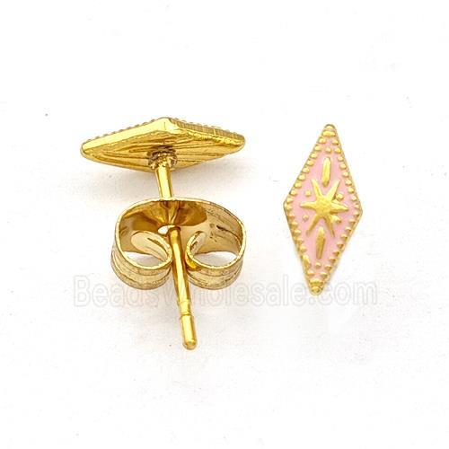 Stainless Steel Compass Stud Earring Pink Enamel Gold Plated