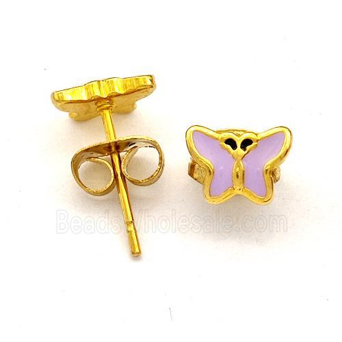 Stainless Steel Butterfly Stud Earring Lavender Enamel Gold Plated