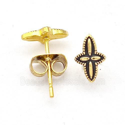 Stainless Steel Compass Stud Earring Black Enamel Gold Plated